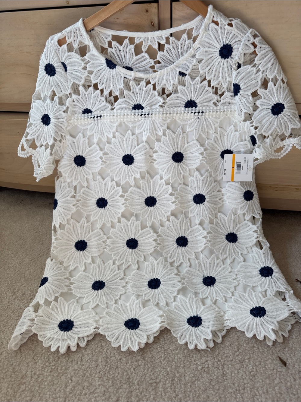 Rafaella White Crochet Floral Short Sleeve Top with Navy Centers